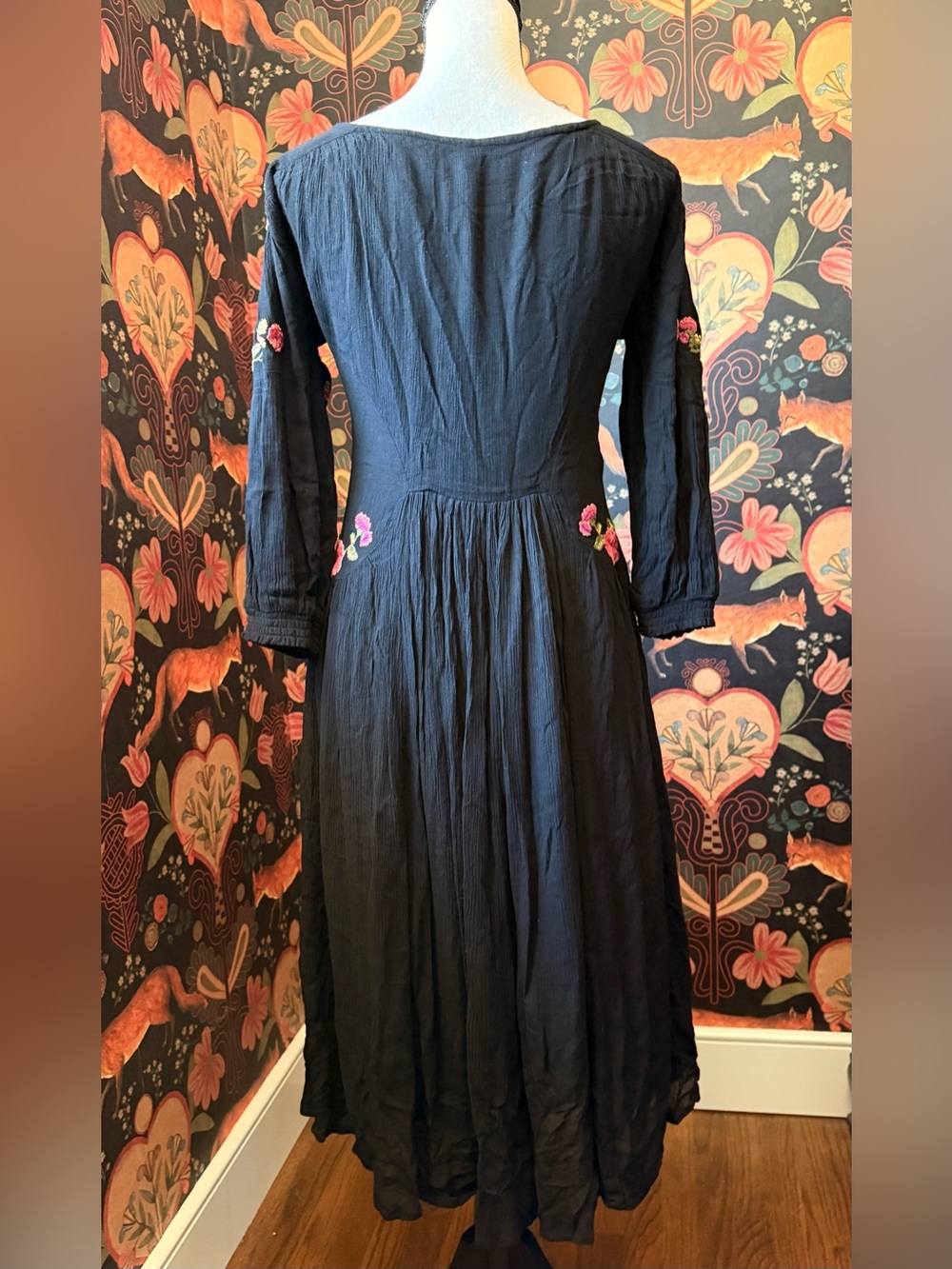 Free People Day Glow Embroidered Floral Black Midi Festival Dress Boho XS - Picture 3 of 5